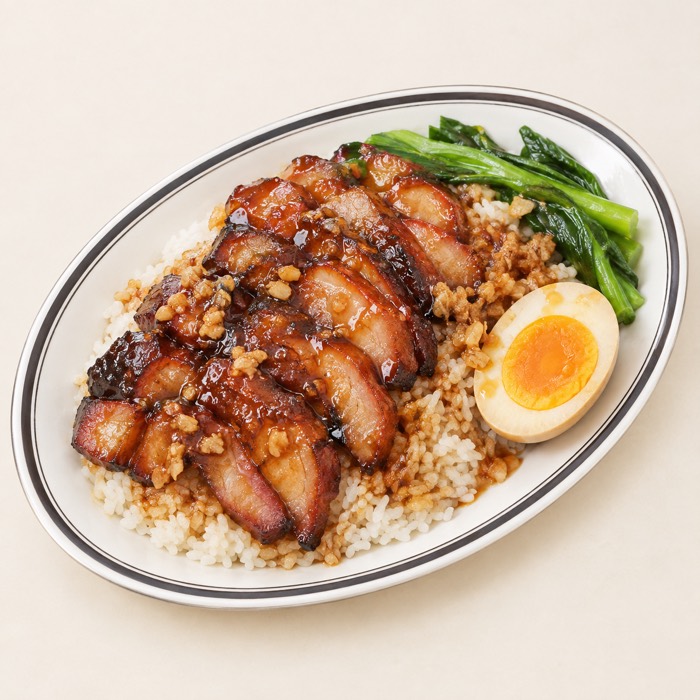 Char siew rice with greens and half an egg — polished demo photo